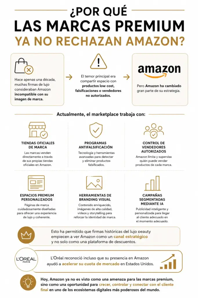 Infografía sobre cómo Amazon se ha convertido en un canal estratégico para las marcas premium y de lujo beauty.