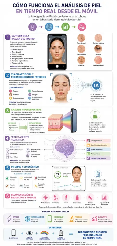 Cómo funciona el análisis de piel en tiempo real desde el móvil Infografía que explica cómo la inteligencia artificial analiza la piel en tiempo real desde un smartphone mediante visión artificial, análisis hiperespectral y diagnóstico personalizado.
