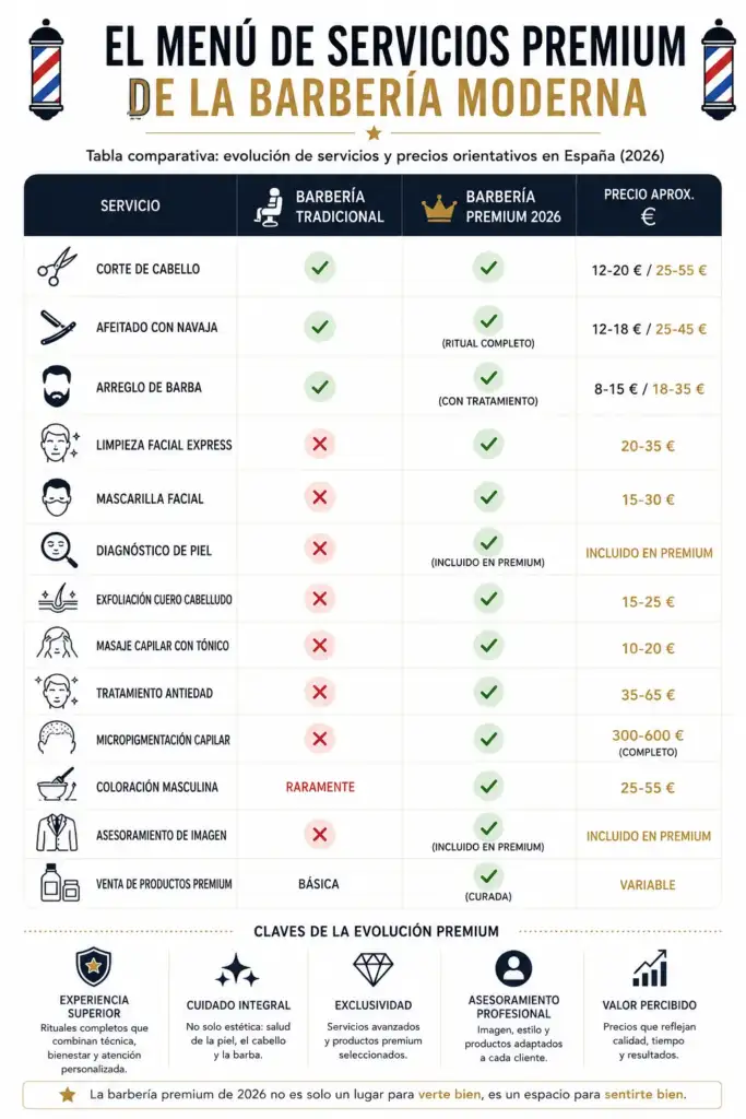 Infografía comparativa sobre los servicios de una barbería tradicional frente a una barbería premium en 2026, con precios orientativos y tratamientos de cuidado masculino.