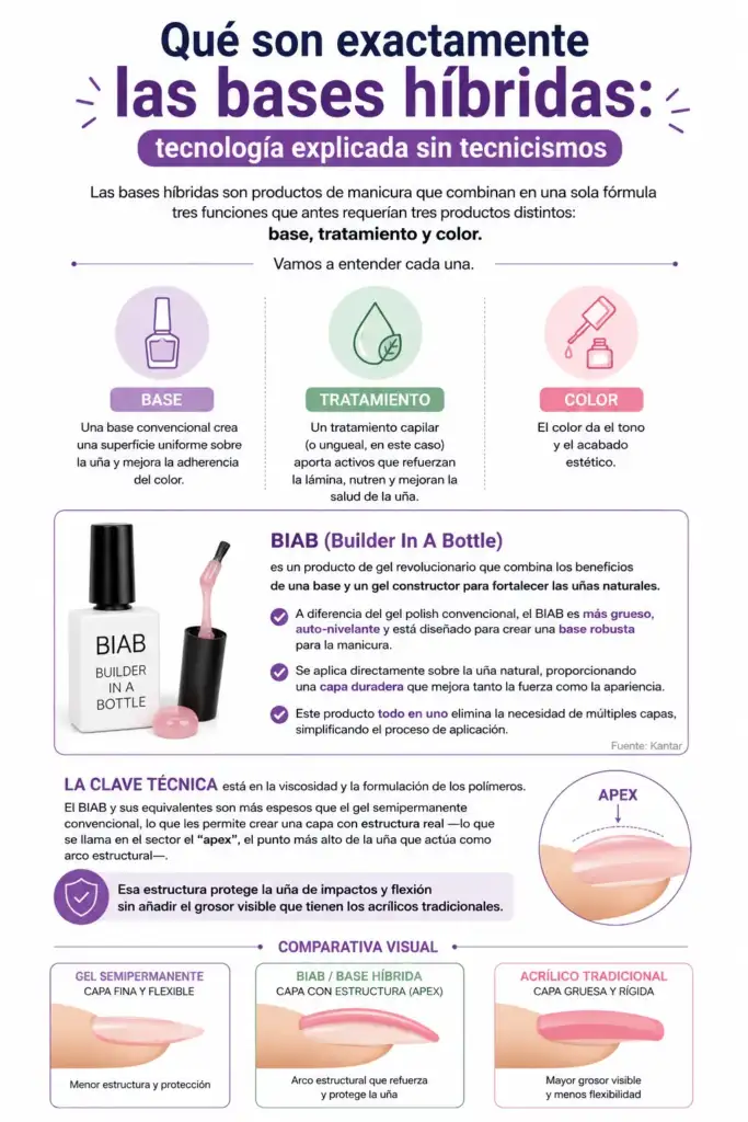 Infografía sobre qué son las bases híbridas y cómo funciona el sistema BIAB en manicura profesional.