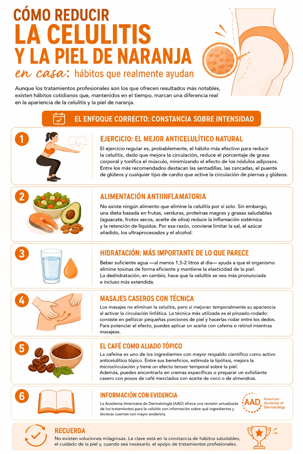 Infografía sobre celulitis y piel de naranja: hábitos, remedios caseros y consejos para reducirla en casa