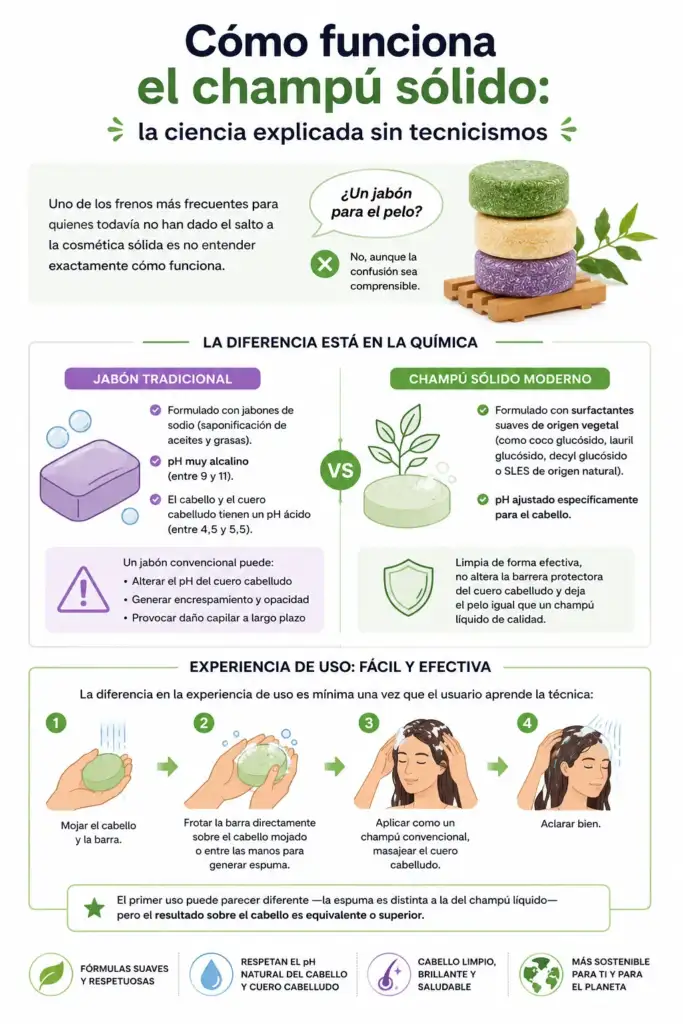 Infografía sobre cómo funciona el champú sólido, sus diferencias con el jabón tradicional y su aplicación paso a paso.