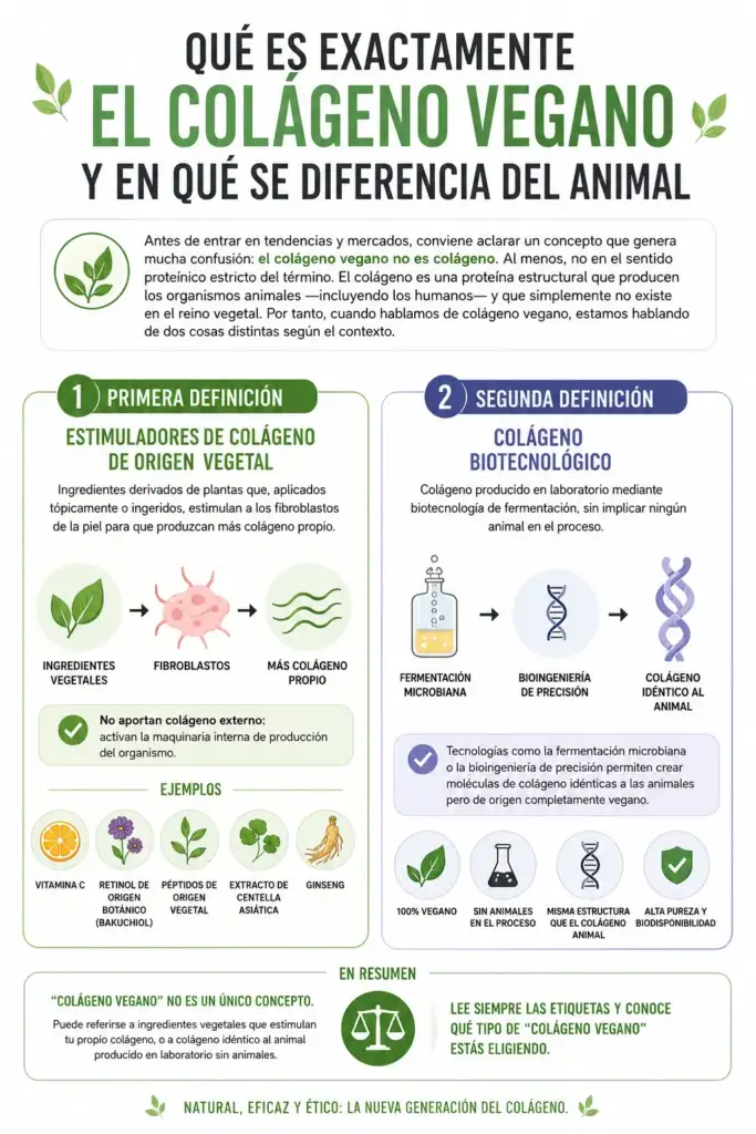 Qué es el colágeno vegano y en qué se diferencia del colágeno animal Infografía explicativa sobre el colágeno vegano, los estimuladores vegetales de colágeno y el colágeno biotecnológico producido mediante fermentación.