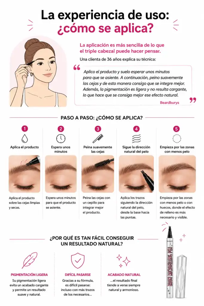 Infografía sobre cómo aplicar un lápiz de cejas efecto microblading para lograr un acabado natural paso a paso.