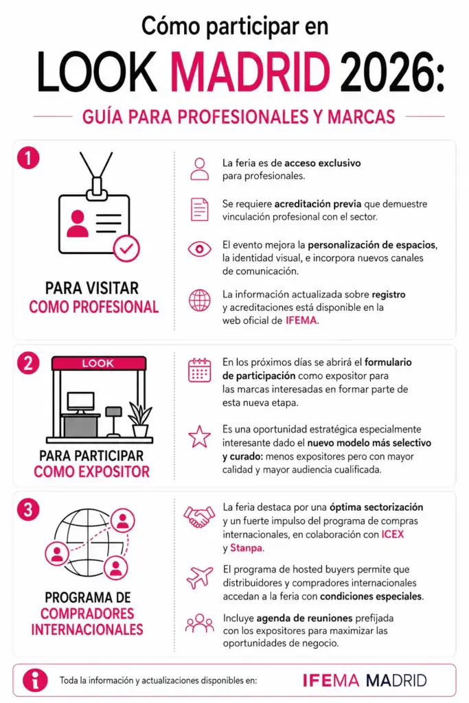Infografía sobre cómo participar en LOOK Madrid 2026 como visitante profesional, expositor o comprador internacional.