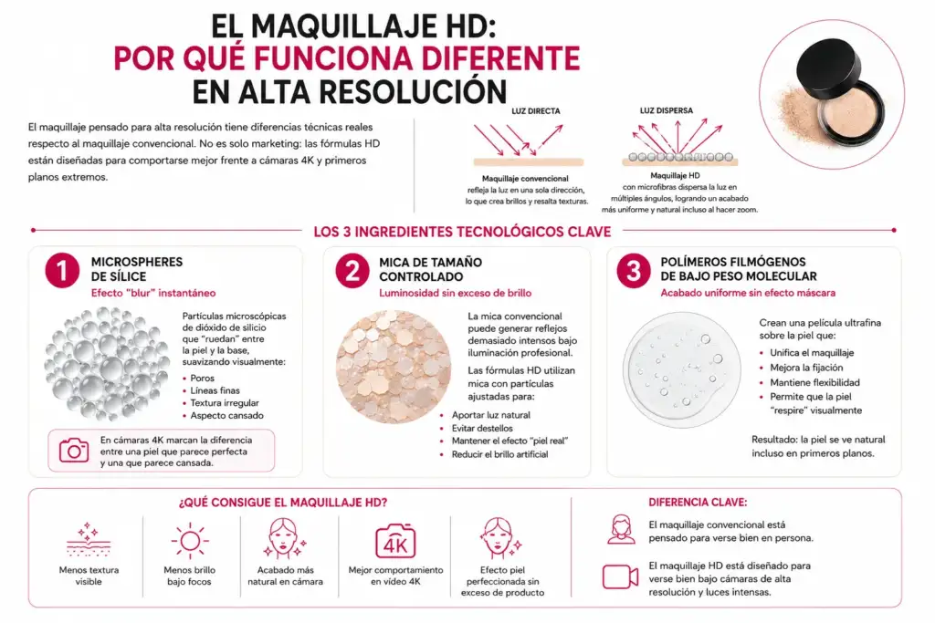 Infografía sobre maquillaje HD y tecnología cosmética para cámaras 4K con ingredientes como sílice, mica y polímeros filmógenos.