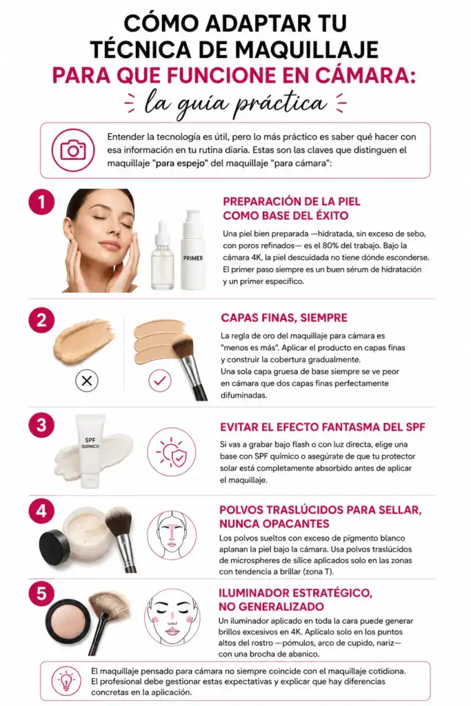 Infografía con consejos para adaptar el maquillaje a cámara 4K, incluyendo preparación de piel, capas finas, SPF, polvos traslúcidos e iluminador estratégico.