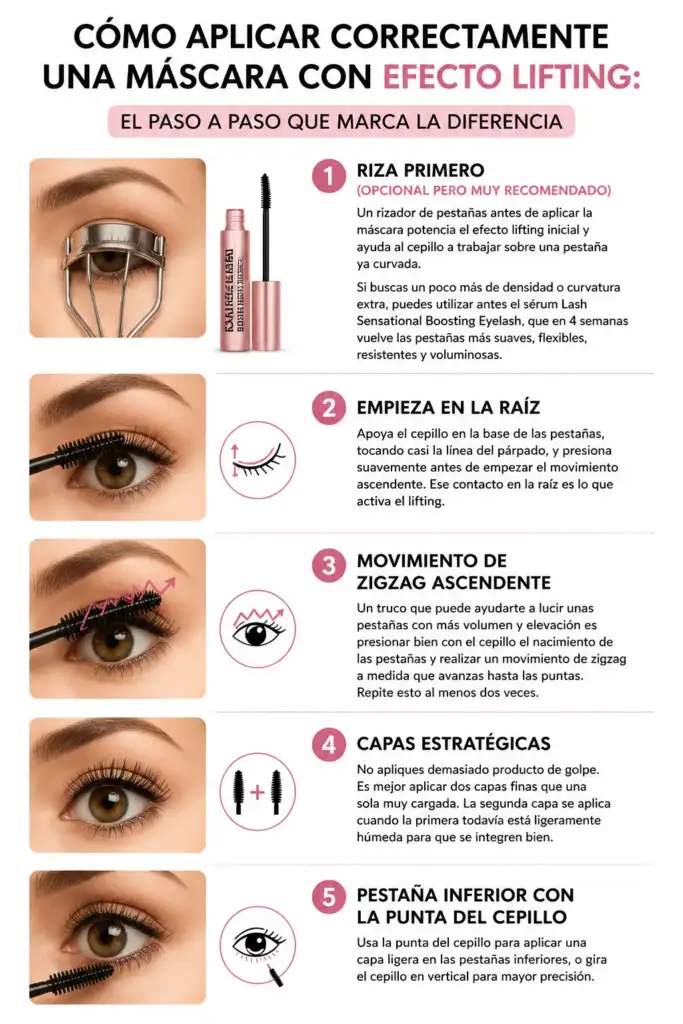Infografía sobre cómo aplicar correctamente una máscara de pestañas con efecto lifting para lograr más volumen, curvatura y elevación.