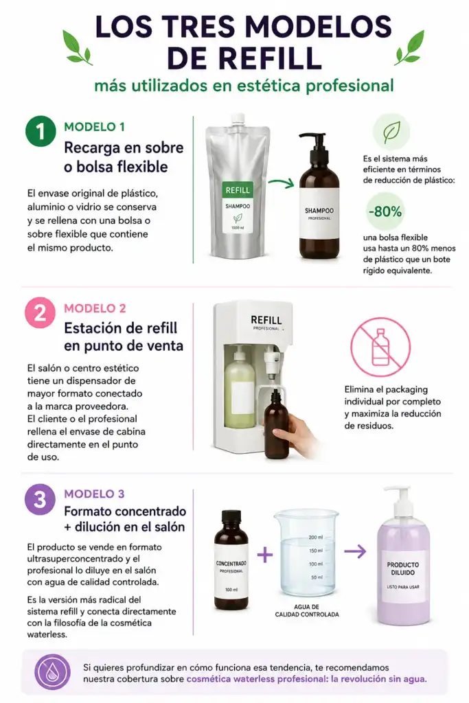 Los tres modelos de refill más utilizados en estética profesional Infografía sobre los tres modelos de refill más utilizados en estética profesional: recarga en bolsa flexible, estación de refill y formato concentrado con dilución en salón.