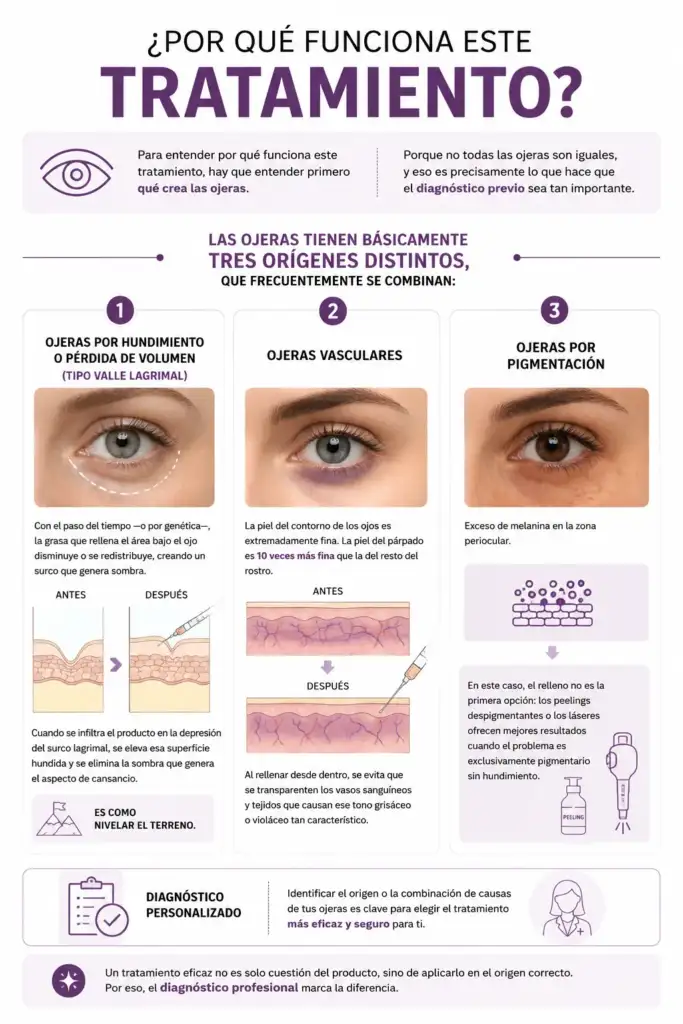 Infografía explicativa sobre ojeras por hundimiento, vasculares y pigmentarias