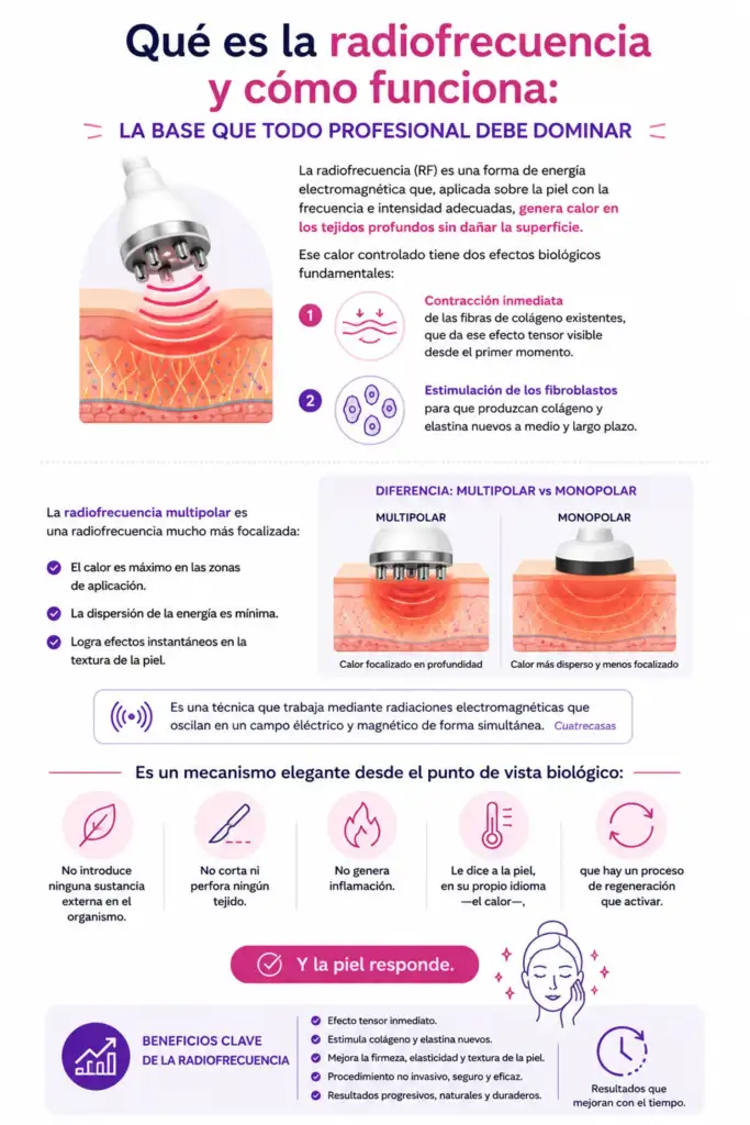 Infografía sobre qué es la radiofrecuencia multipolar y cómo funciona en tratamientos estéticos faciales para estimular colágeno y mejorar la firmeza de la piel.