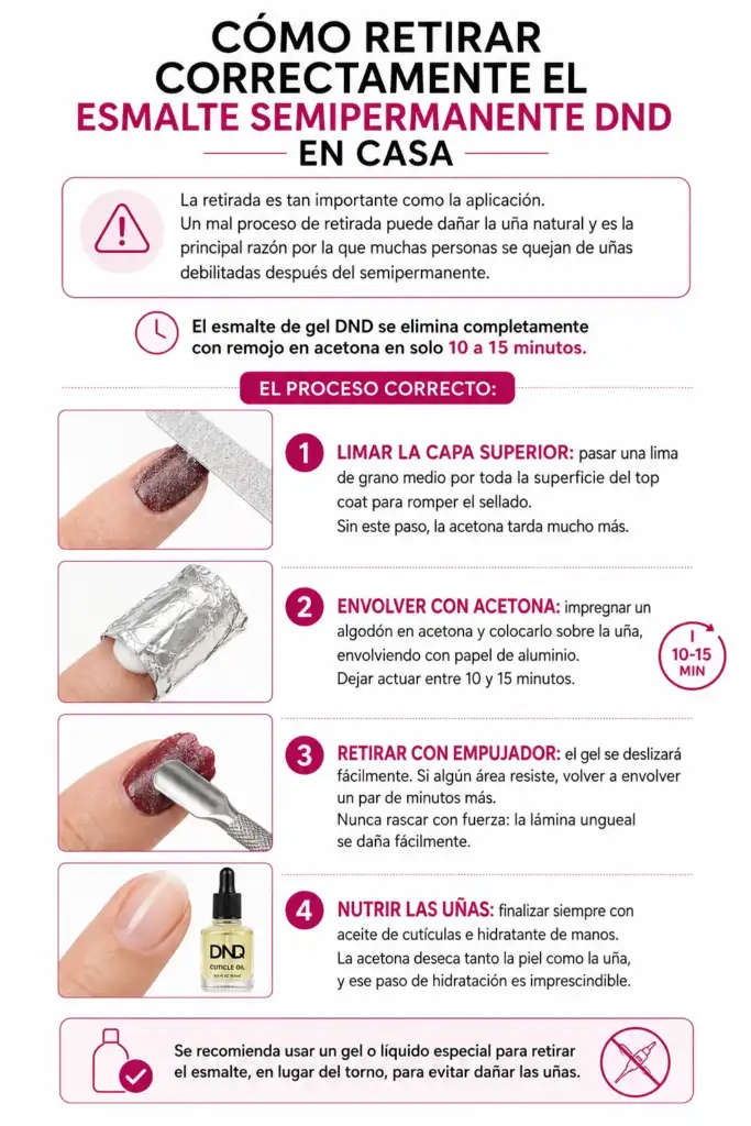 Infografía sobre cómo retirar correctamente el esmalte semipermanente DND en casa sin dañar la uña natural.