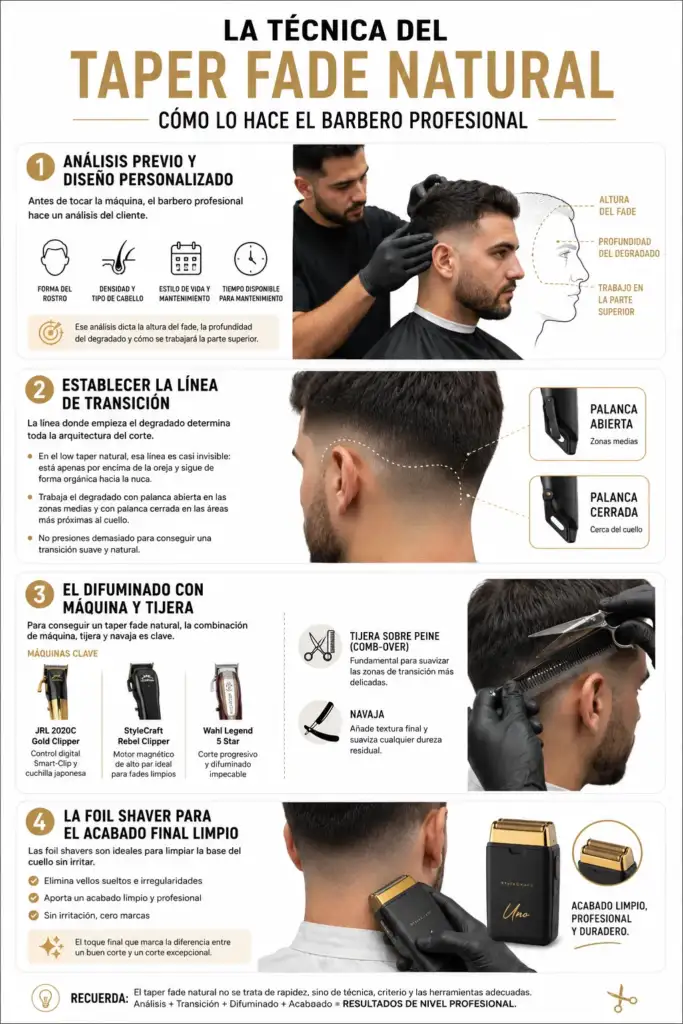 Infografía sobre cómo realizar un taper fade natural profesional paso a paso en barbería