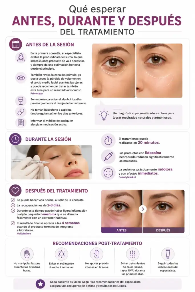 Infografía médica sobre el proceso del tratamiento estético para ojeras