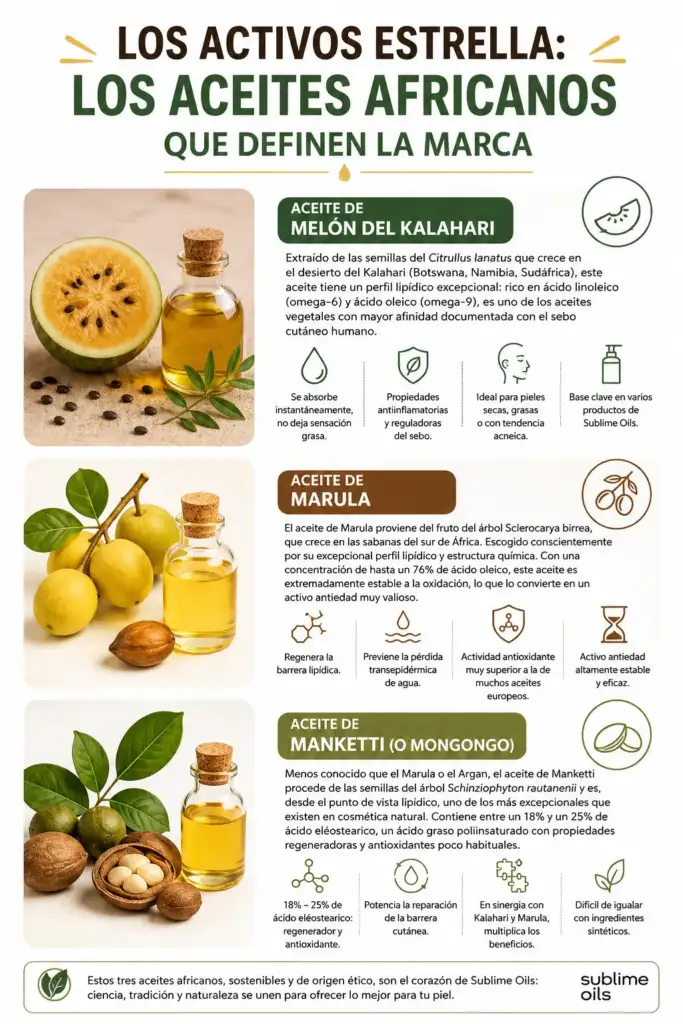 Infografía sobre los aceites africanos utilizados en cosmética natural por Sublime Oils: melón del Kalahari, marula y manketti, con beneficios antioxidantes, regeneradores e hidratantes.