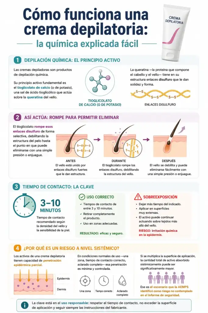 Infografía sobre cómo funciona una crema depilatoria y cómo el tioglicolato rompe la queratina del vello.