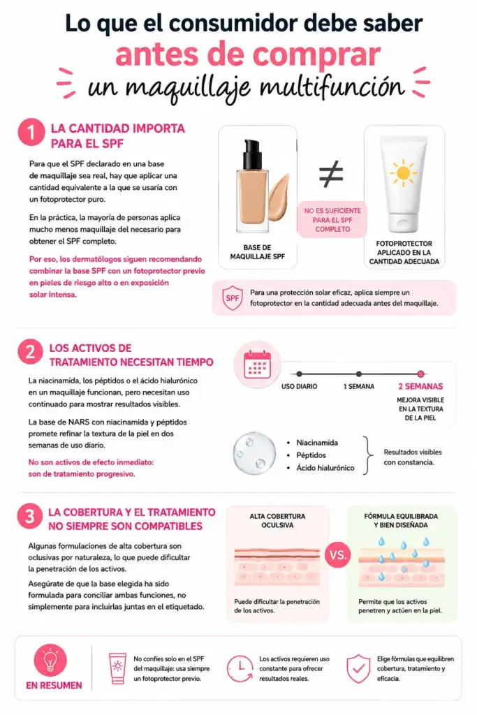 Lo que el consumidor debe saber antes de comprar un maquillaje multifunción Infografía sobre los aspectos que debe conocer el consumidor antes de comprar un maquillaje multifunción con SPF, activos de tratamiento y cobertura cosmética.
