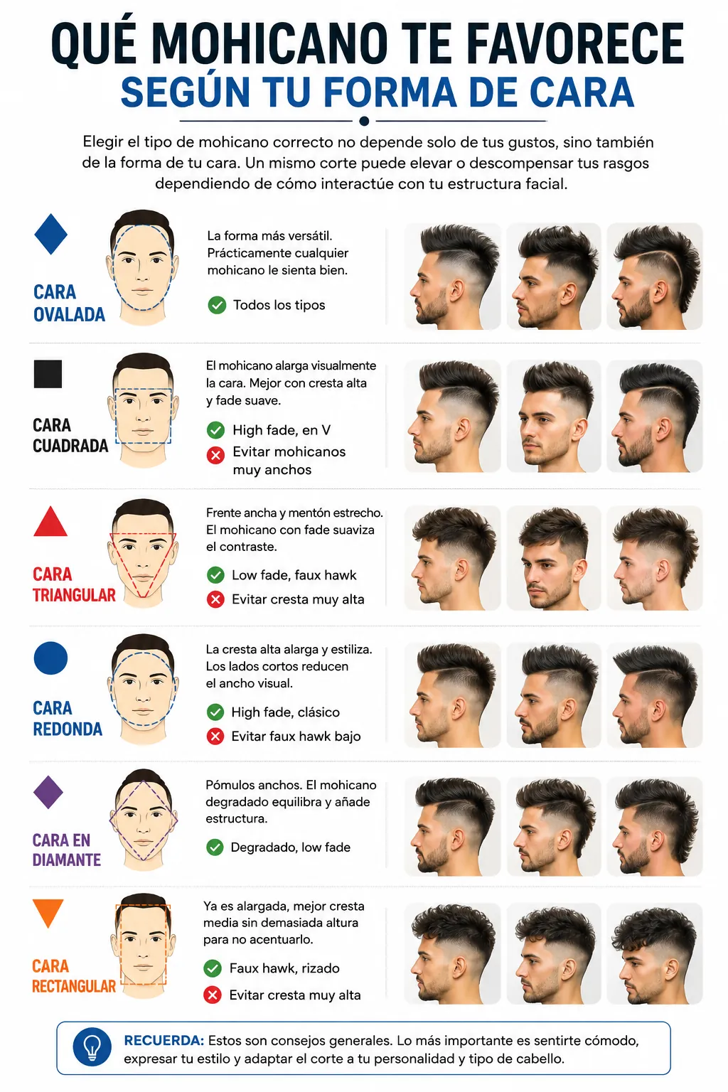 Infografía: qué corte mohicano favorece a cada forma de cara — ovalada, cuadrada, redonda, triangular, rectangular y diamante
