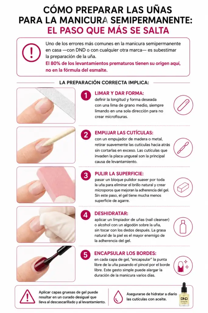 Infografía sobre cómo preparar correctamente las uñas para una manicura semipermanente duradera paso a paso.