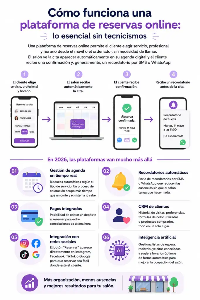 Infografía explicativa sobre el funcionamiento de una plataforma de reservas online para salones de belleza y peluquerías.