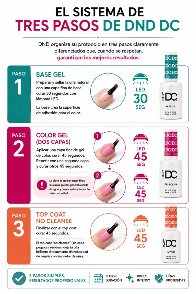 Infografía sobre el sistema de tres pasos DND DC para aplicar esmalte semipermanente correctamente.