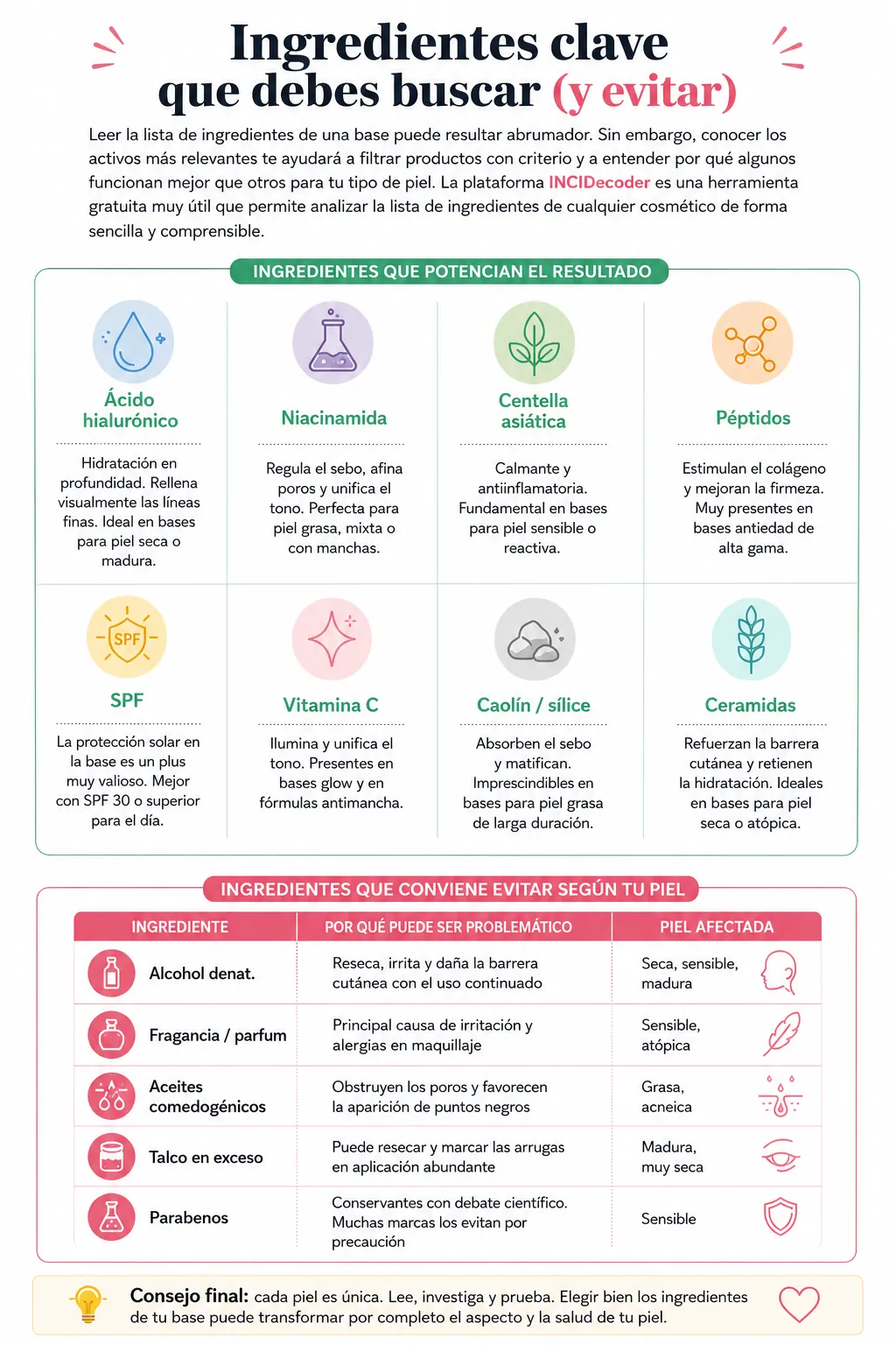 Infografía de los ingredientes clave en una base de maquillaje: ácido hialurónico, niacinamida, centella asiática, péptidos, SPF, vitamina C, caolín y ceramidas