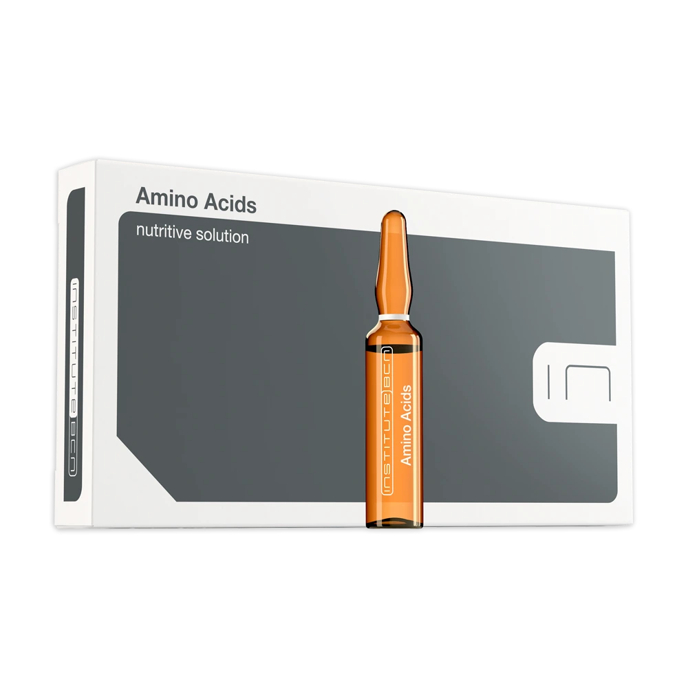 Institute BCN Amino Acids solución nutritiva profesional Ampolla cosmética Amino Acids de Institute BCN junto a su envase para tratamientos nutritivos y regeneradores de la piel.