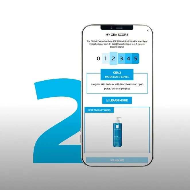 La Roche-Posay SpotScan: inteligencia artificial para evaluar el acné Pantalla de móvil mostrando la herramienta SpotScan de La Roche-Posay para analizar el nivel de acné mediante inteligencia artificial y recomendar productos personalizados.