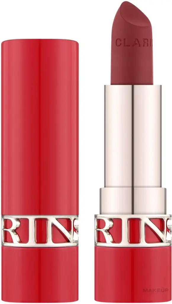 Barra de labios Clarins en tono rojo con acabado sofisticado y packaging premium.