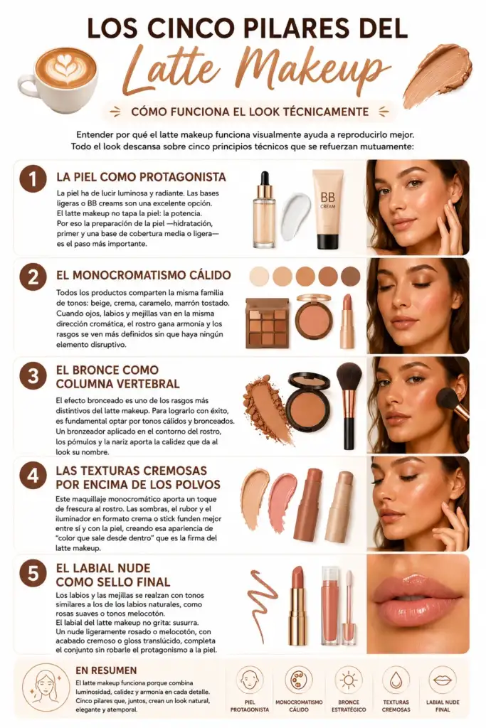 Los cinco pilares del latte makeup: cómo funciona el look técnicamente Infografía sobre los cinco pilares del latte makeup con consejos para lograr una piel luminosa, maquillaje monocromático cálido, efecto bronceado, texturas cremosas y labios nude.