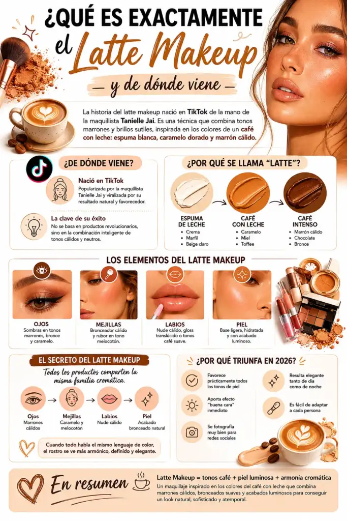 ¿Qué es exactamente el latte makeup y de dónde viene? Infografía sobre el origen del latte makeup, una tendencia de maquillaje inspirada en los tonos del café con leche que triunfa en TikTok gracias a su acabado cálido, luminoso y natural.
