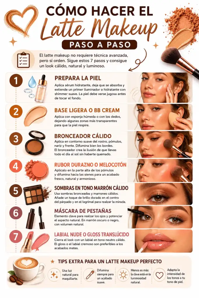 Cómo hacer el latte makeup paso a paso: guía completa para un acabado natural Infografía que explica paso a paso cómo realizar el latte makeup, desde la preparación de la piel hasta la aplicación de labios nude y gloss.