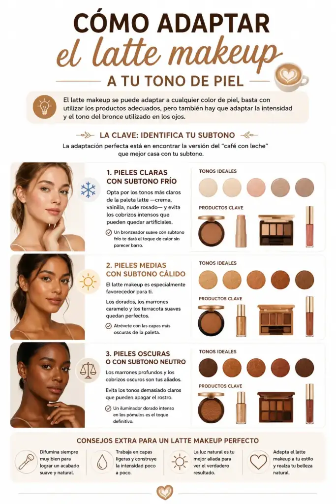 Cómo adaptar el latte makeup a tu tono de piel: guía visual según subtonos Infografía sobre cómo adaptar el latte makeup a distintos tonos y subtonos de piel, incluyendo pieles claras, medias y oscuras con recomendaciones de colores y productos.
