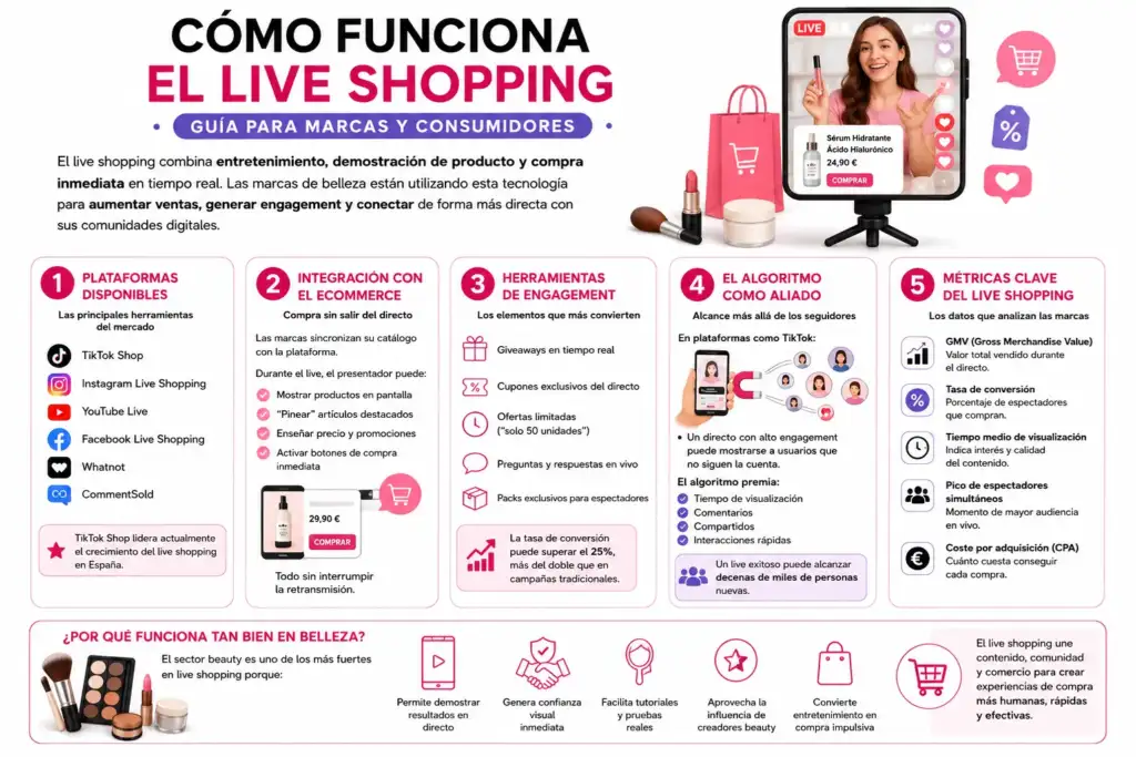 Infografía sobre cómo funciona el live shopping en belleza, incluyendo plataformas, ecommerce, engagement, algoritmo y métricas clave.