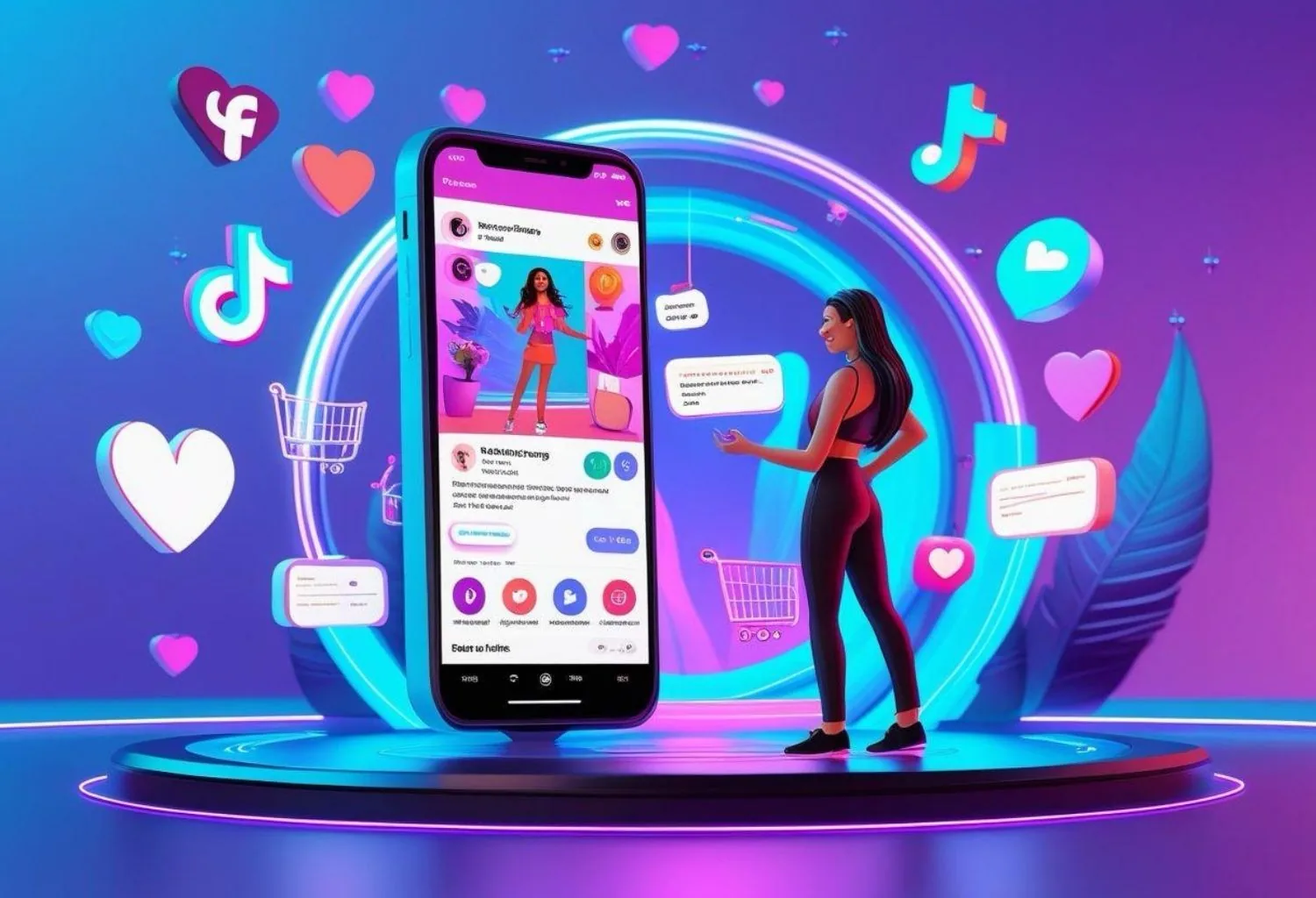 Ilustración futurista sobre live shopping en redes sociales con smartphone, iconos de TikTok y elementos de ecommerce digital.