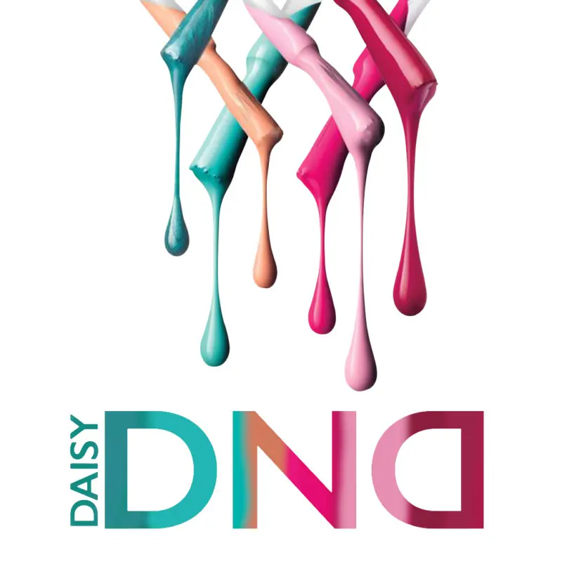 Logo de DND Nails acompañado de esmaltes líquidos en colores vibrantes sobre fondo claro.