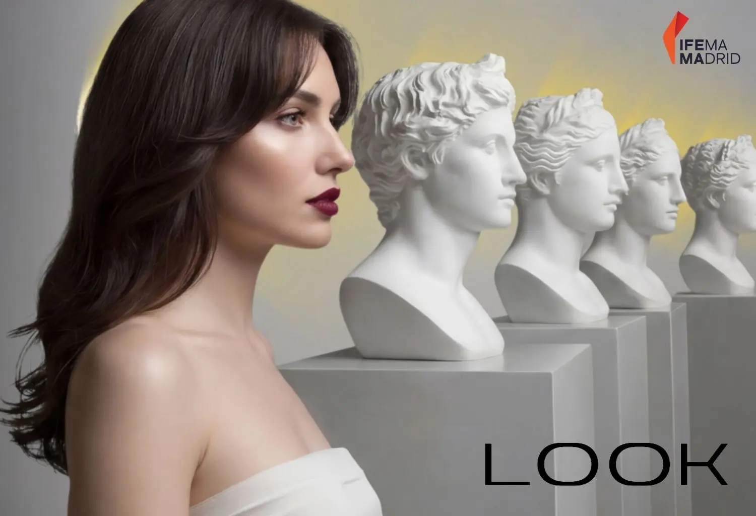 Modelo femenina junto a esculturas clásicas en imagen promocional de LOOK Madrid e IFEMA Madrid.