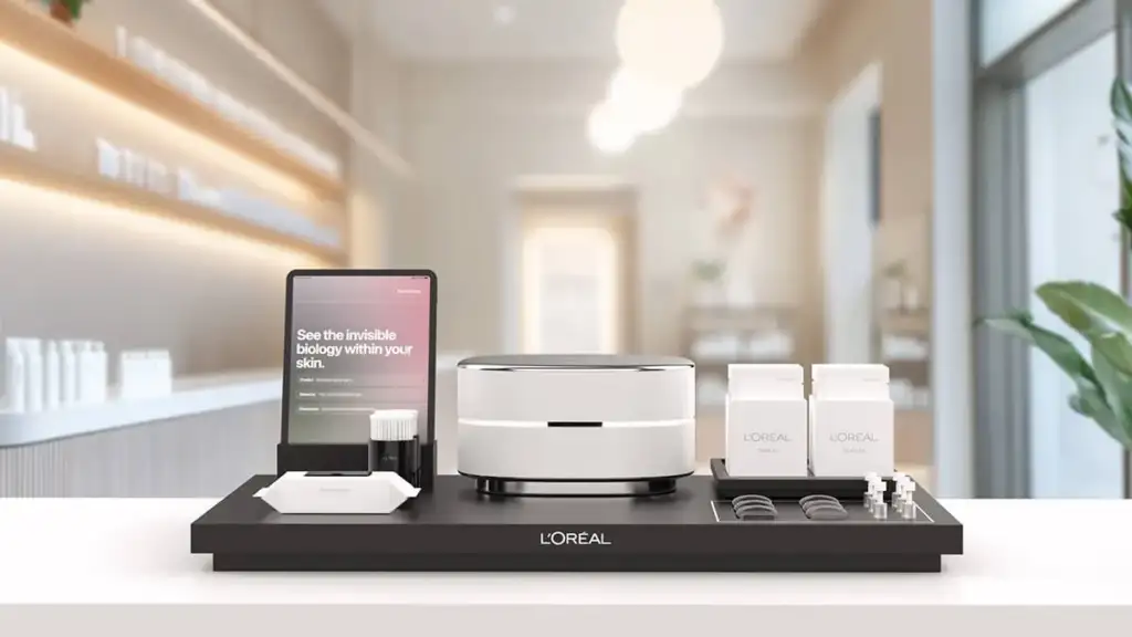 L’Oréal Cell BioPrint: diagnóstico avanzado de la piel mediante biotecnología Dispositivo L’Oréal Cell BioPrint para el análisis personalizado de la piel mediante tecnología avanzada y biomarcadores en un entorno de belleza profesional.
