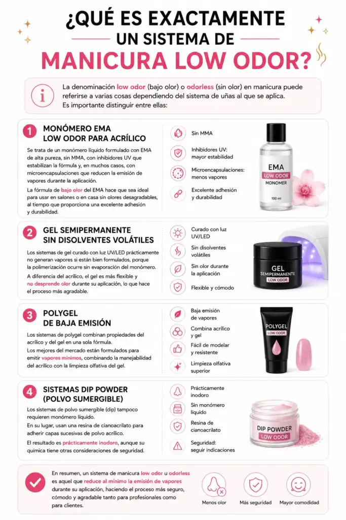 Infografía sobre los sistemas de manicura low odor y odorless con explicación de monómero EMA, gel semipermanente, polygel y dip powder.
