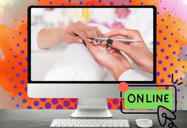 Pantalla de ordenador mostrando un servicio de manicura online con diseño creativo y colores llamativos.