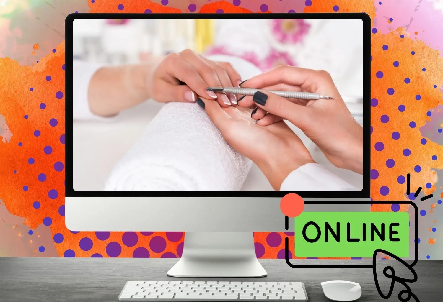 Pantalla de ordenador mostrando un servicio de manicura online con diseño creativo y colores llamativos.