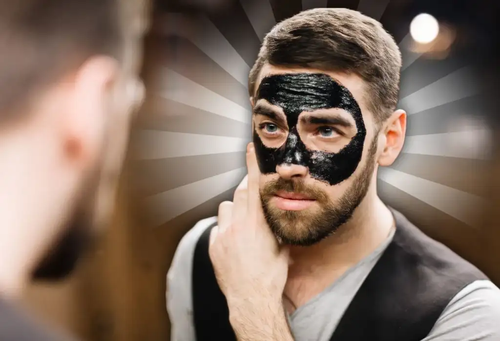Hombre aplicándose una mascarilla facial negra de carbón activado frente al espejo durante una rutina de cuidado de la piel.