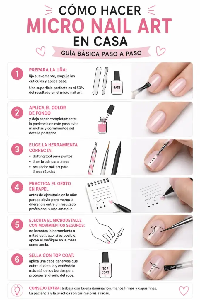 Infografía paso a paso que explica cómo realizar micro nail art en casa, desde la preparación de la uña hasta el sellado final con top coat.