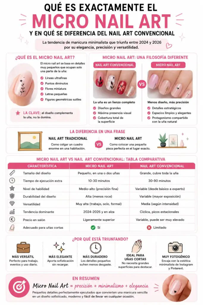 Infografía comparativa sobre micro nail art y nail art convencional con diferencias en tamaño, durabilidad, versatilidad, dificultad y tendencias de manicura.