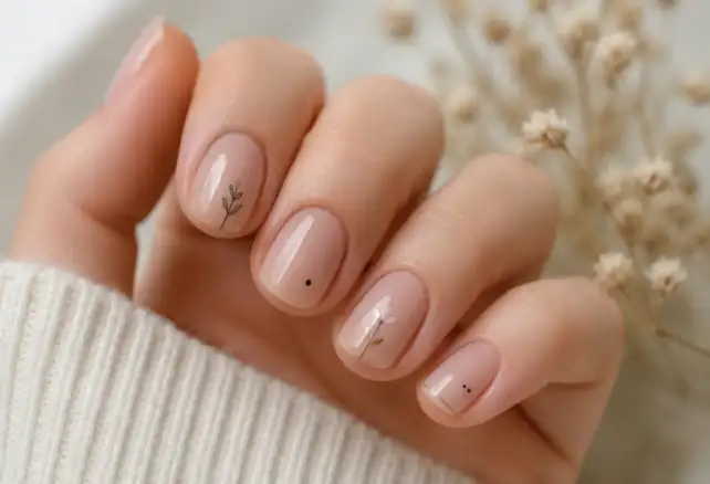 Manicura micro nail art minimalista sobre uñas cortas con pequeños detalles florales y puntos decorativos en tonos nude.
