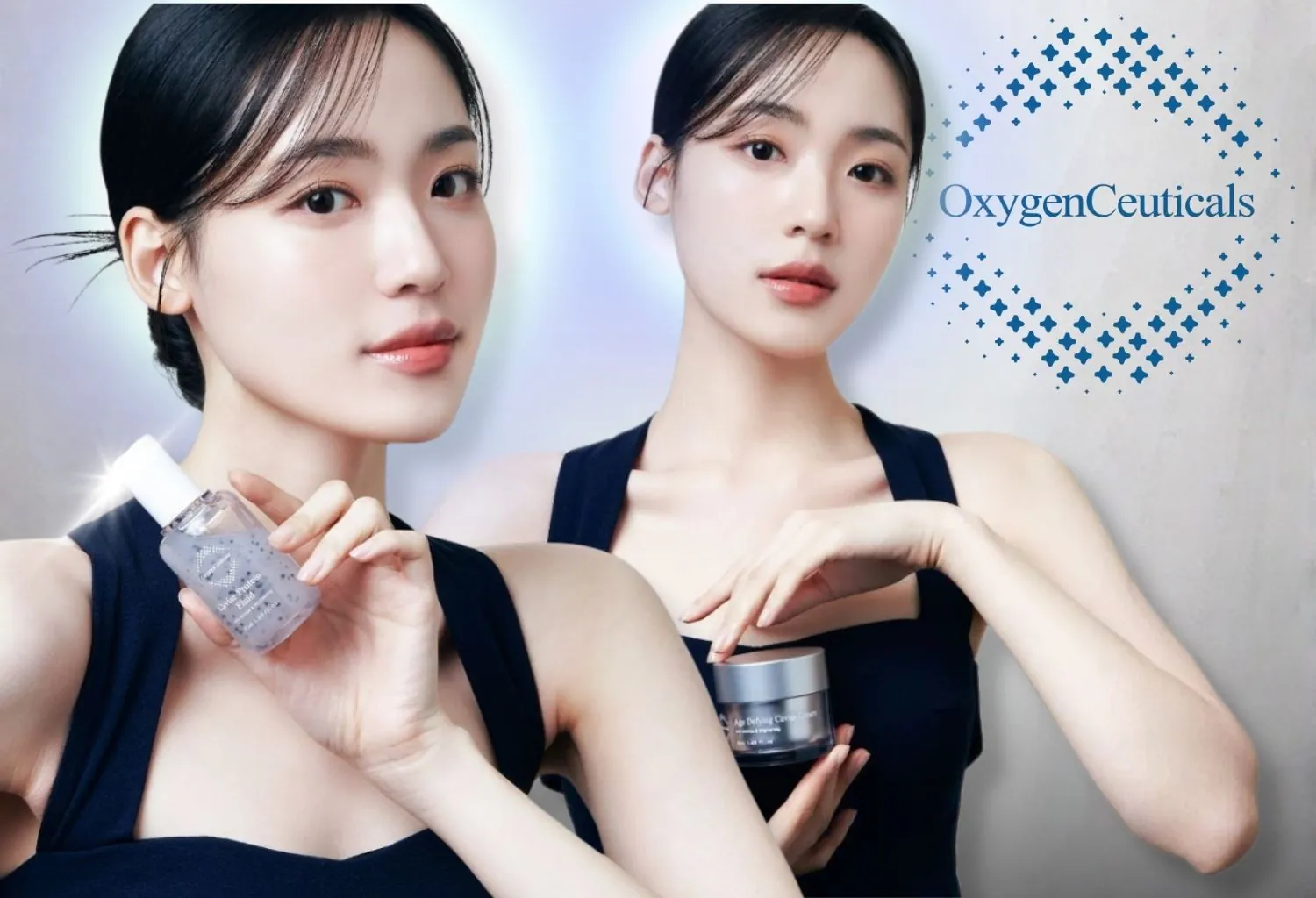 Modelo mostrando productos OxygenCeuticals de cuidado facial coreano con sérum y crema antiedad sobre fondo elegante.