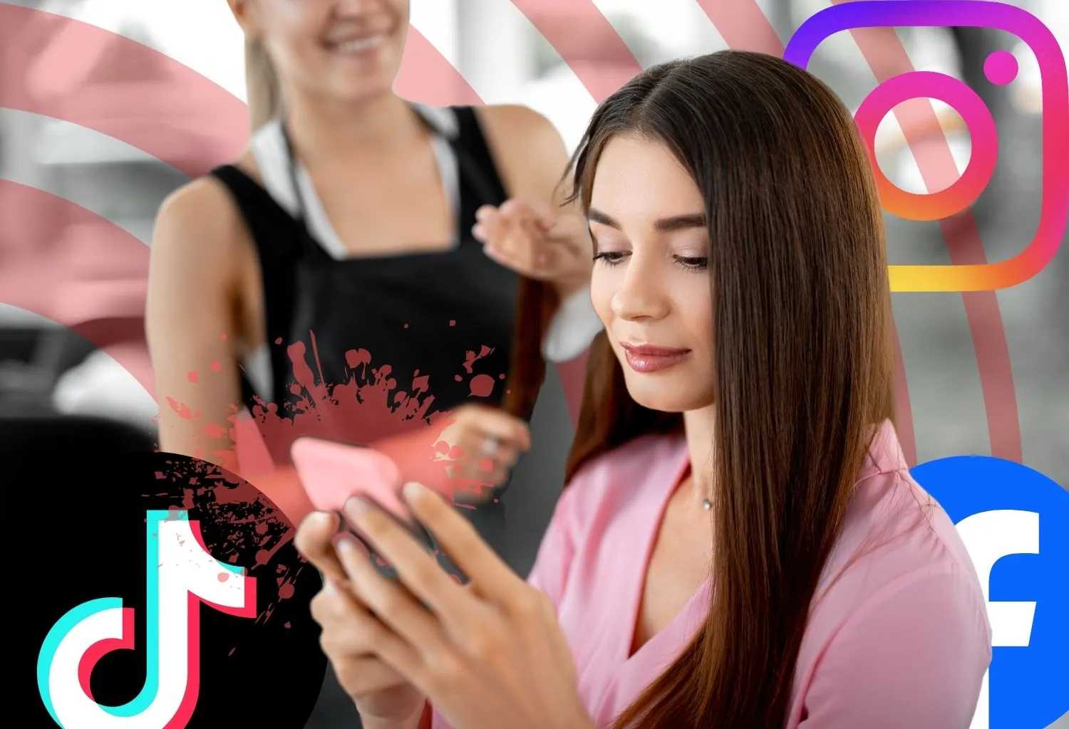 Mujer en salón de peluquería usando el móvil con iconos de redes sociales