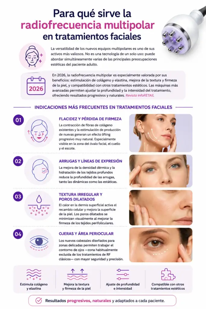 Infografía explicativa sobre los beneficios de la radiofrecuencia multipolar en tratamientos faciales estéticos.