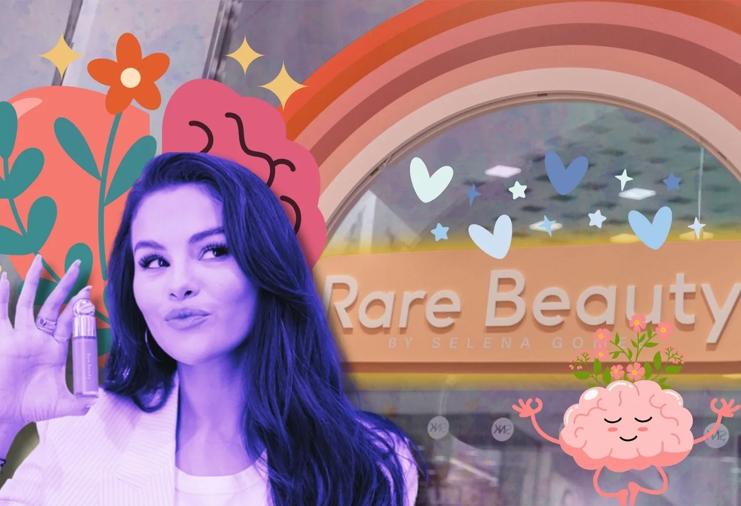 Selena Gomez promocionando Rare Beauty con ilustraciones relacionadas con bienestar emocional y salud mental positiva.