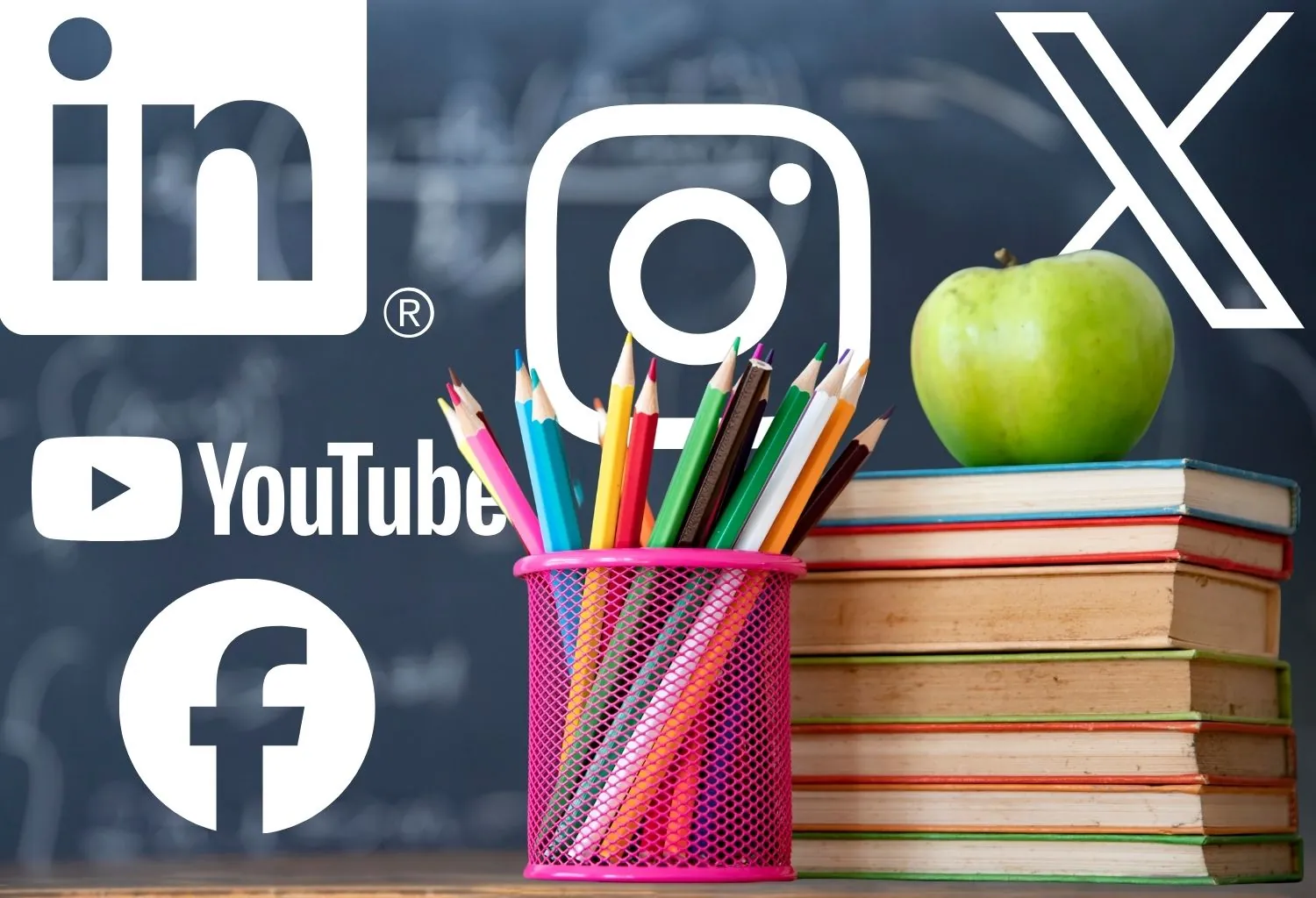 Logotipos de LinkedIn, Instagram, YouTube, Facebook y X junto a libros y material educativo, representando la creación y difusión de contenido digital en redes sociales.